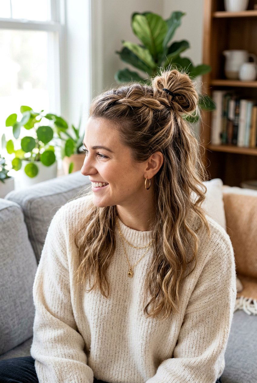 Messy Braided Half Up Bun - 20 messy braid hairstyles - 20 messy braid hairstyles