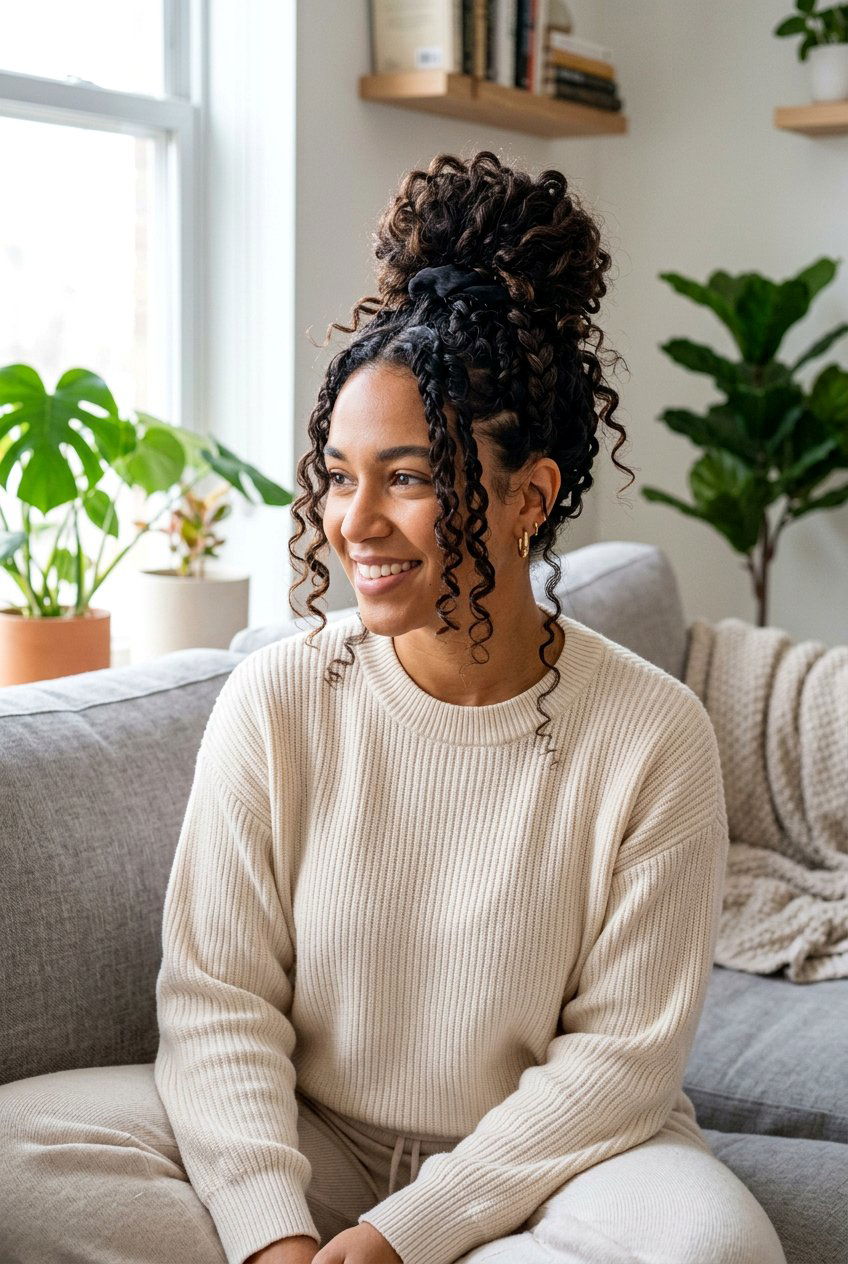 Messy Braided Top Knot For Curly Hair - 20 braided top knot hairstyle - 20 braided top knot hairstyle