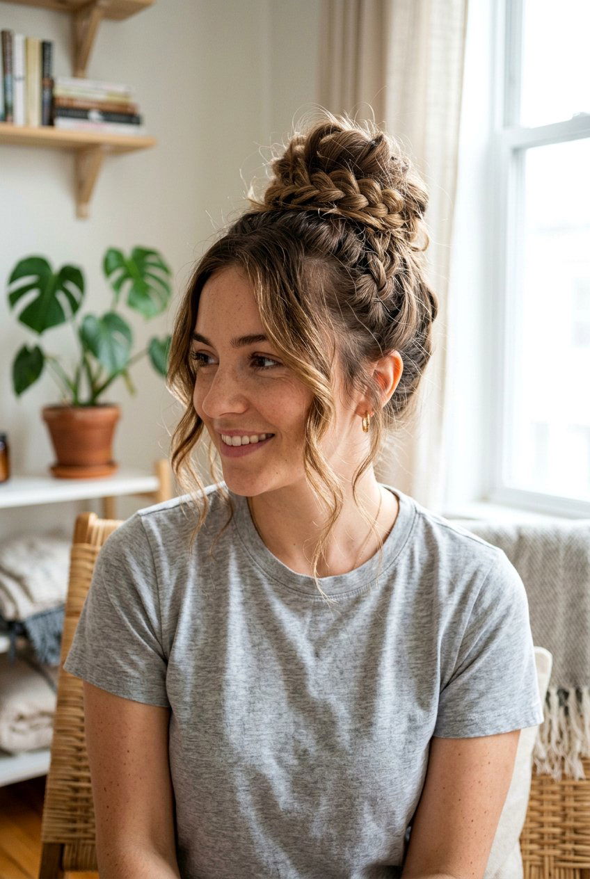 Messy Braided Top Knot With Loose Strands - 20 braided bun with face framing strands - 20 braided bun with face framing strands