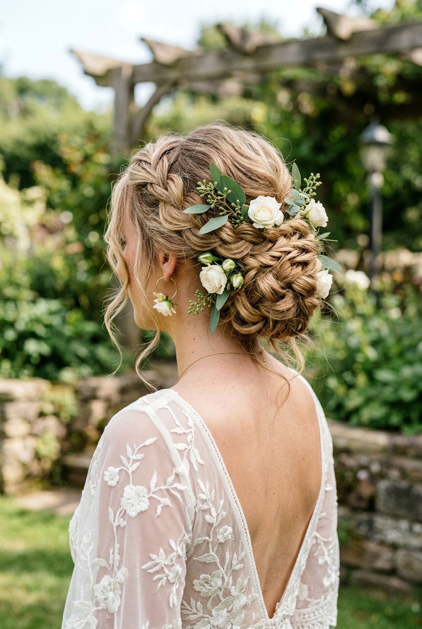 Messy Braided Updo With Eucalyptus And White Roses - 20 floral bridal braid hairstyle - 20 floral bridal braid hairstyle