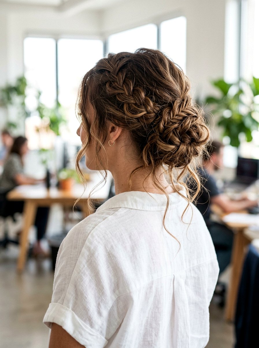 Messy Braided Updo - 20 office hairstyle for humid days - 20 office hairstyle for humid days