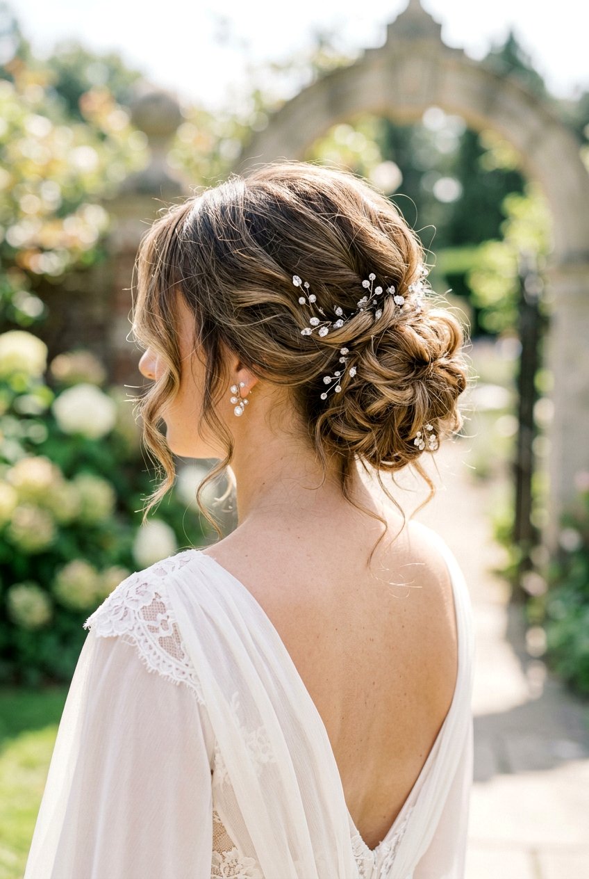 Messy Bridal Bun With Crystal Hairpins - 20 crystal hairpin bridal hairstyle - 20 crystal hairpin bridal hairstyle