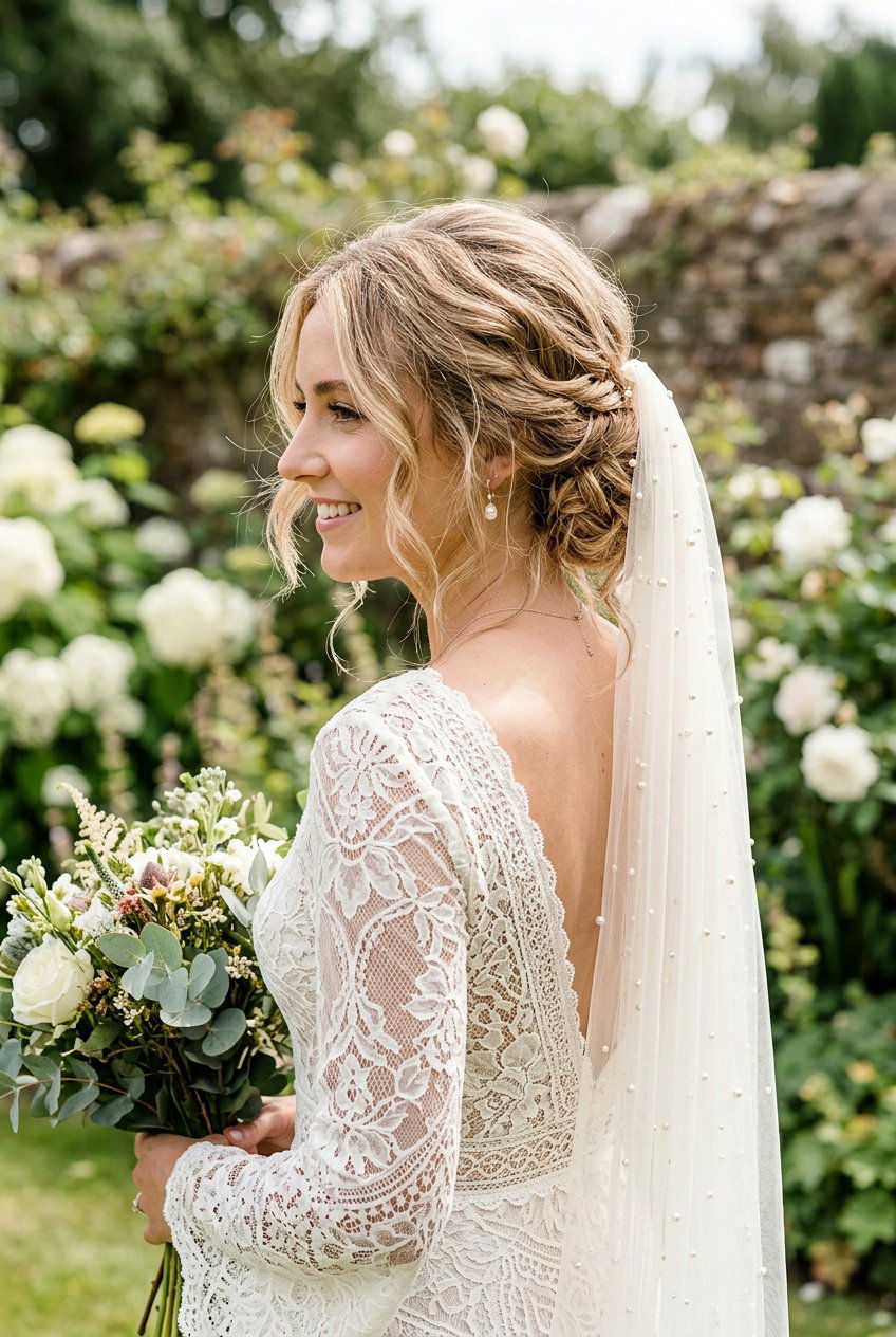 Messy Bridal Low Bun With Pearl Veil - 20 bridal low bun with pearl veil - 20 bridal low bun with pearl veil