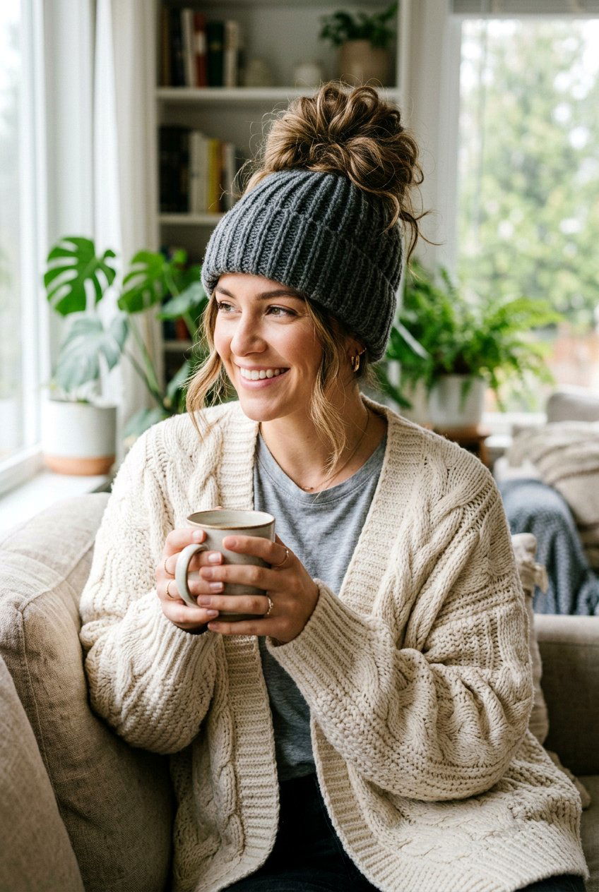 Messy Bun Beanie Hairstyle - 20 beanie hairstyles - 20 beanie hairstyles