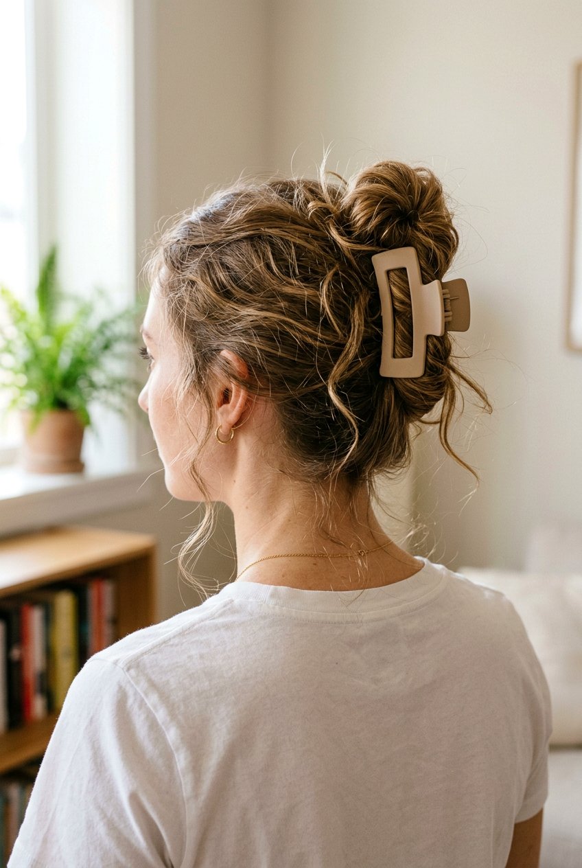 Messy Bun Claw Clip - 20 easy claw clip hairstyles for short hair - 20 easy claw clip hairstyles for short hair