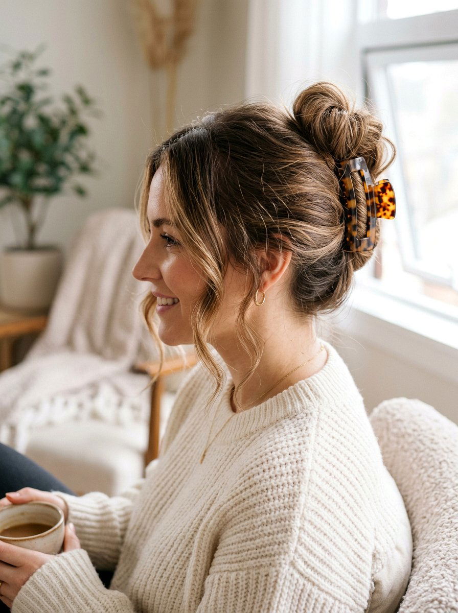 Messy Bun Claw Clip - 20 claw clip hairstyle for moms - 20 claw clip hairstyle for moms