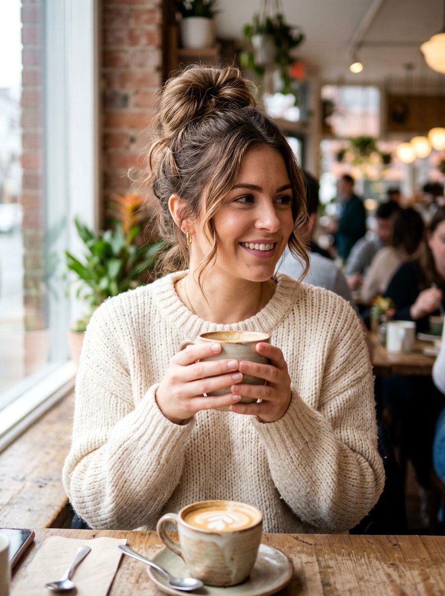 Messy Bun For Coffee Date - 20 cute hairstyle for coffee date - 20 cute hairstyle for coffee date