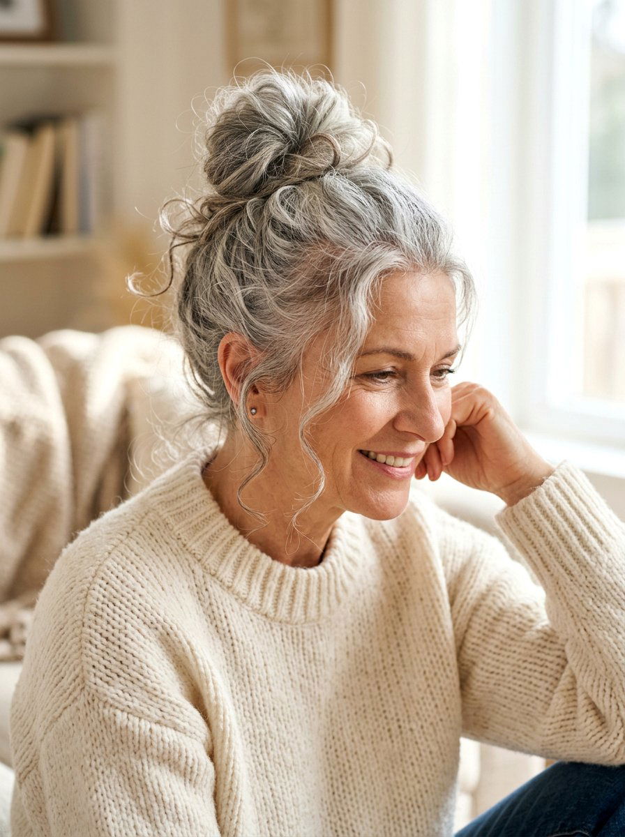 Messy Bun For Gray Hair - 20 easy hairstyle for naturally gray hair - 20 easy hairstyle for naturally gray hair