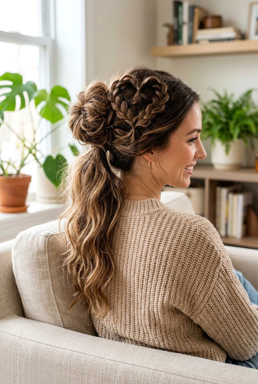 Messy Bun Heart Ponytail Hybrid - 20 heart ponytail hairstyle - 20 heart ponytail hairstyle