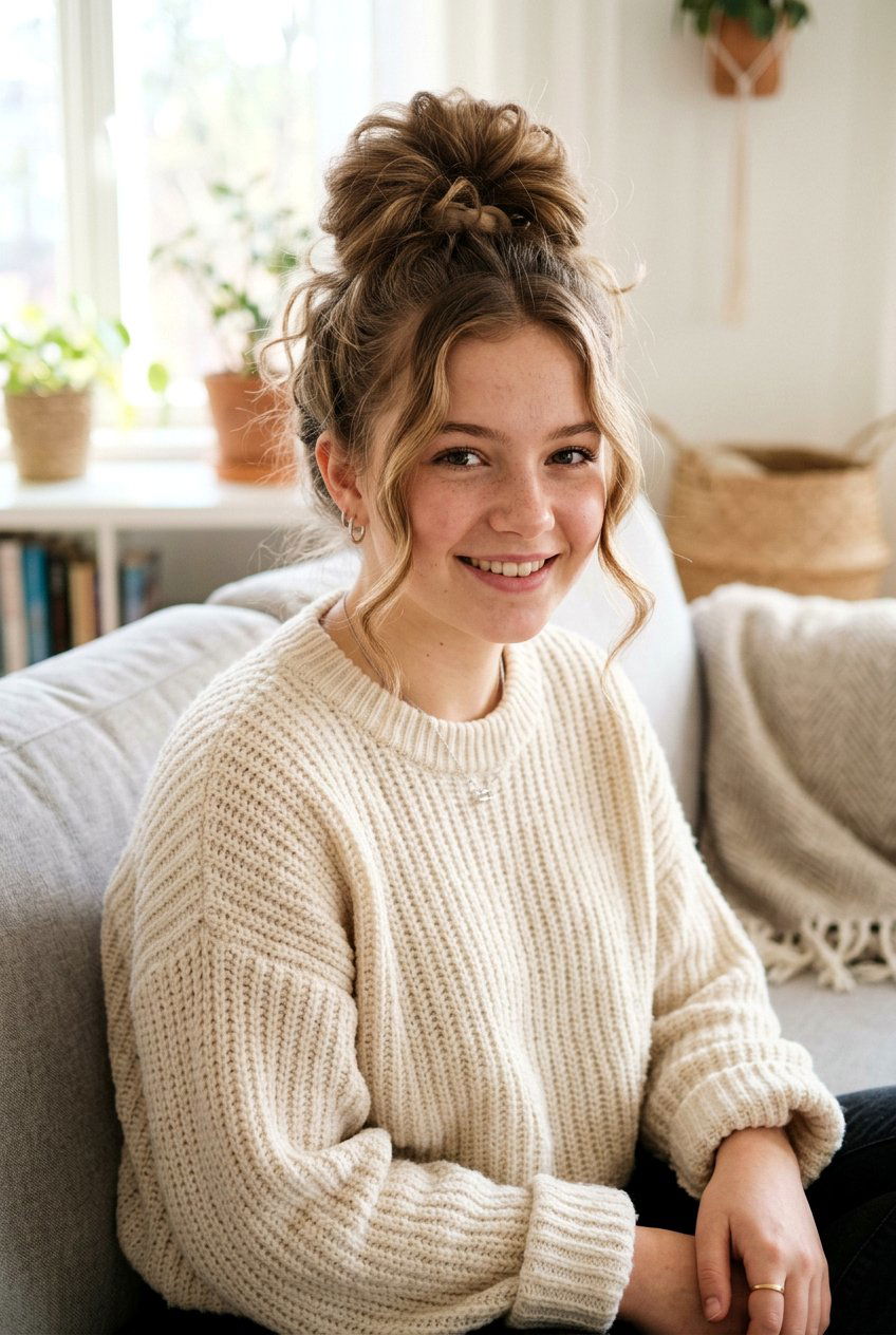 Messy Bun Long Hair - 20 school hairstyle for teenage girls with long hair - 20 school hairstyle for teenage girls with long hair