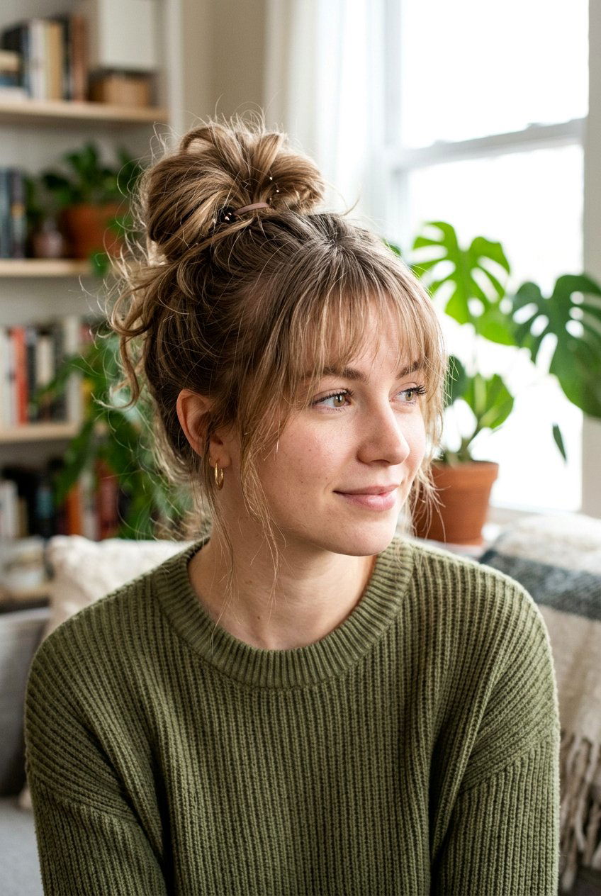 Messy Bun Wispy Side Bangs - 20 hairstyles for heart shaped faces - 20 hairstyles for heart shaped faces