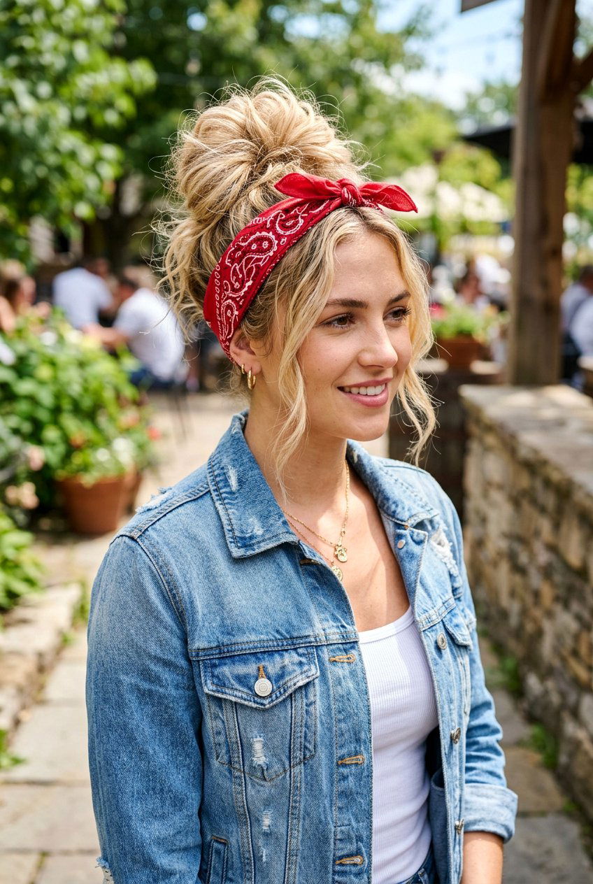 Messy Bun With Bandana - 20 bandana bun hairstyle - 20 bandana bun hairstyle