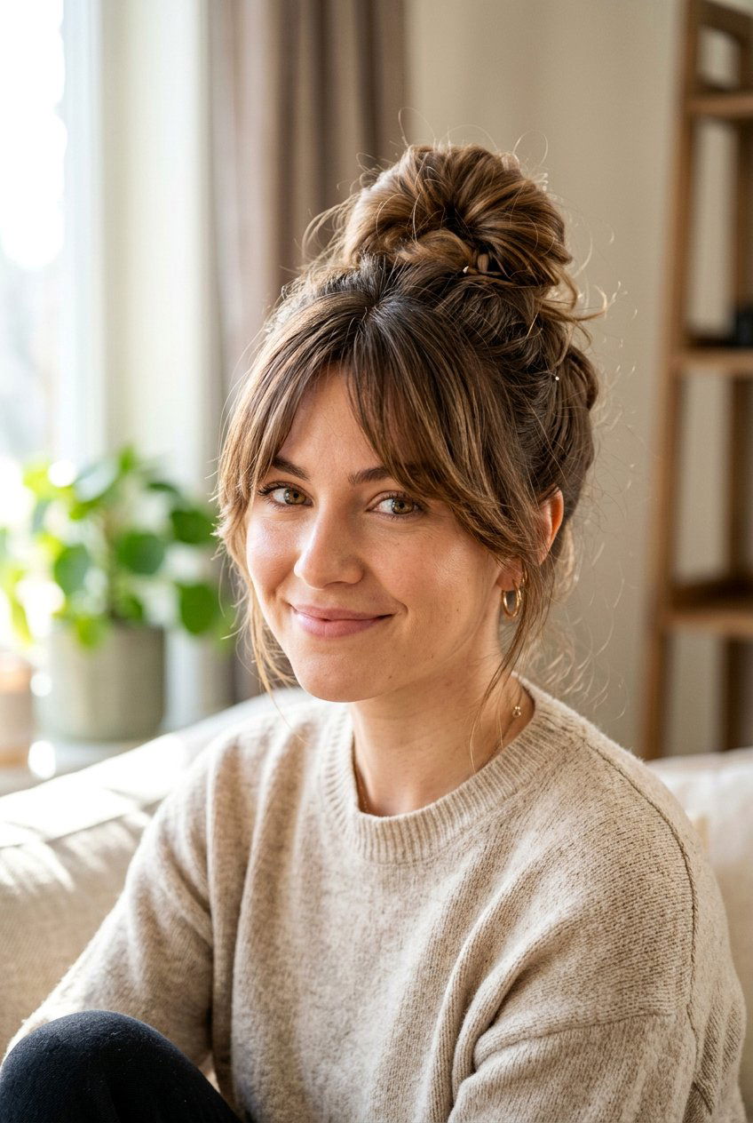 Messy Bun With Bangs - 20 messy bun hairstyles - 20 messy bun hairstyles