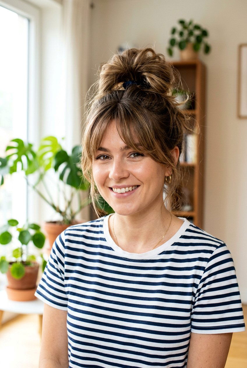 Messy Bun With Bangs - 20 messy bun for moms with thin hair - 20 messy bun for moms with thin hair