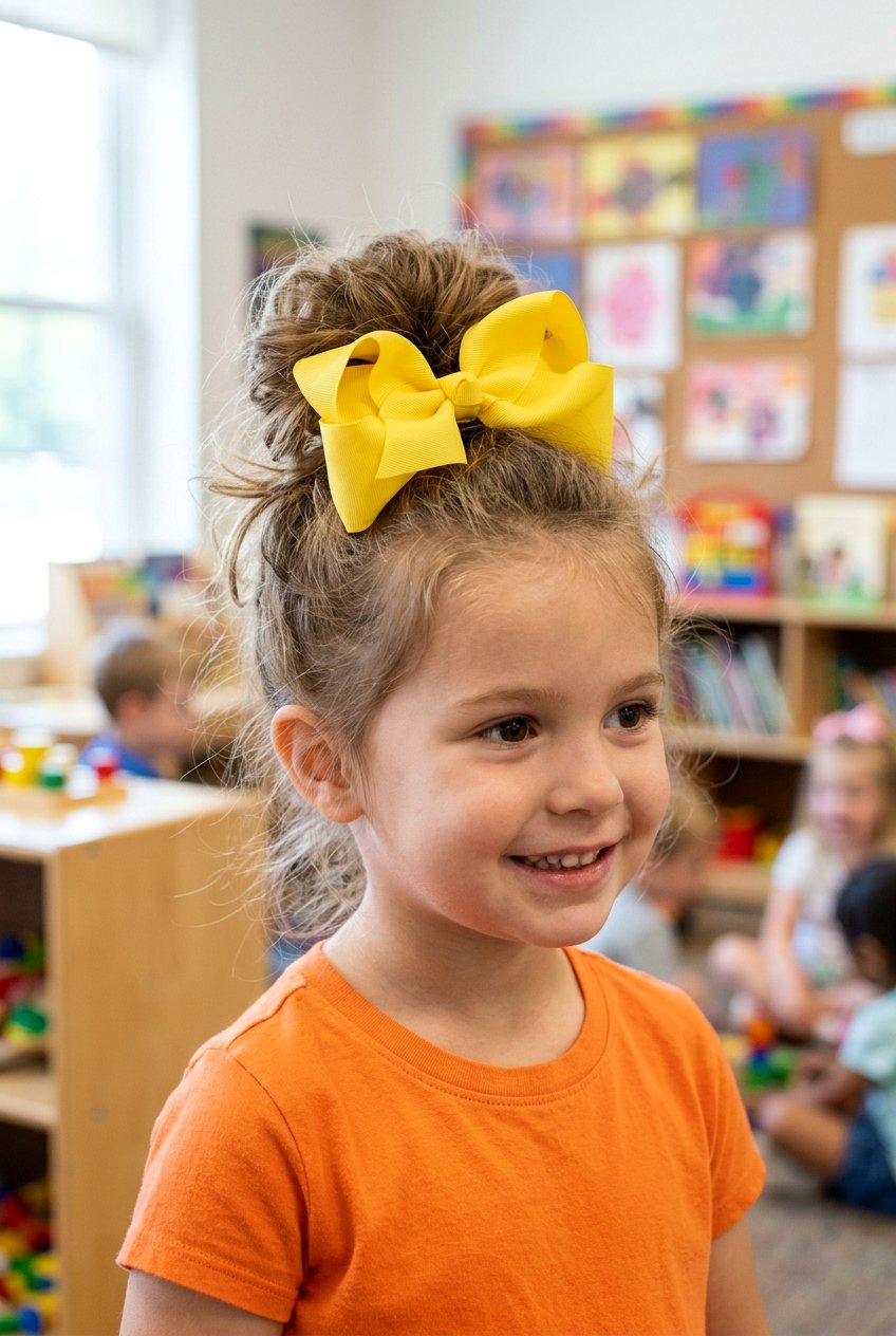 Messy Bun With Bow - 20 easy school hairstyle for preschool girls - 20 easy school hairstyle for preschool girls