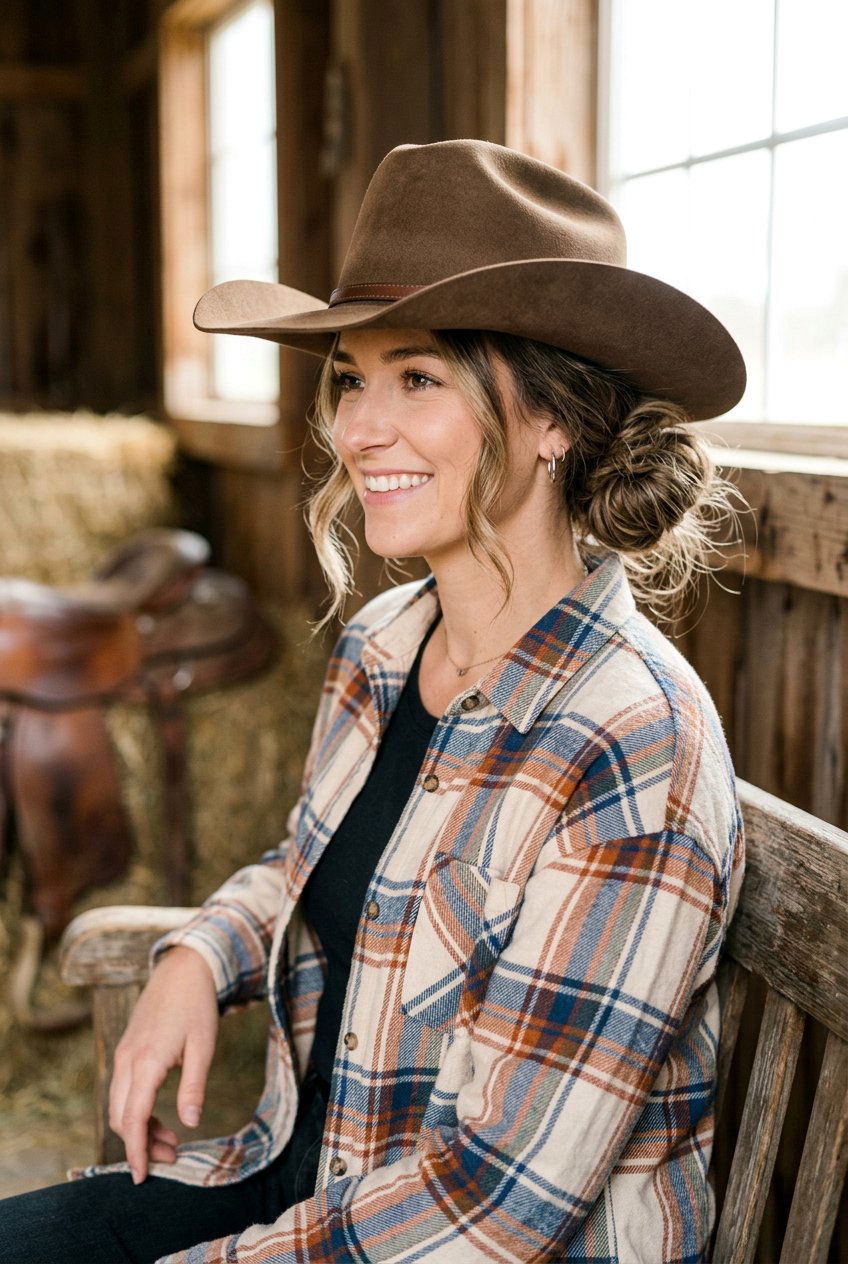 Messy Bun With Cowboy Hat - 20 cowgirl hairstyles - 20 cowgirl hairstyles