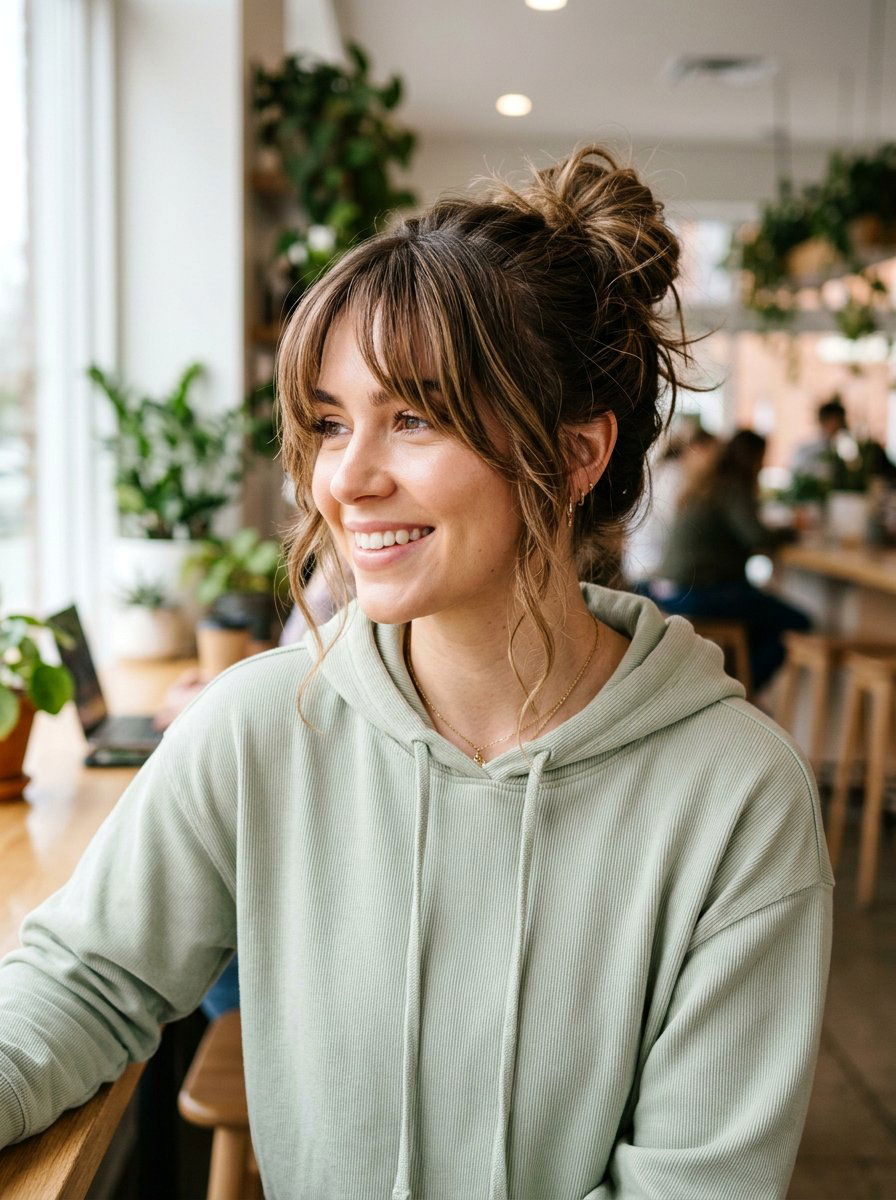 Messy Bun With Curtain Bangs - 20 spring curtain bangs ideas - 20 spring curtain bangs ideas