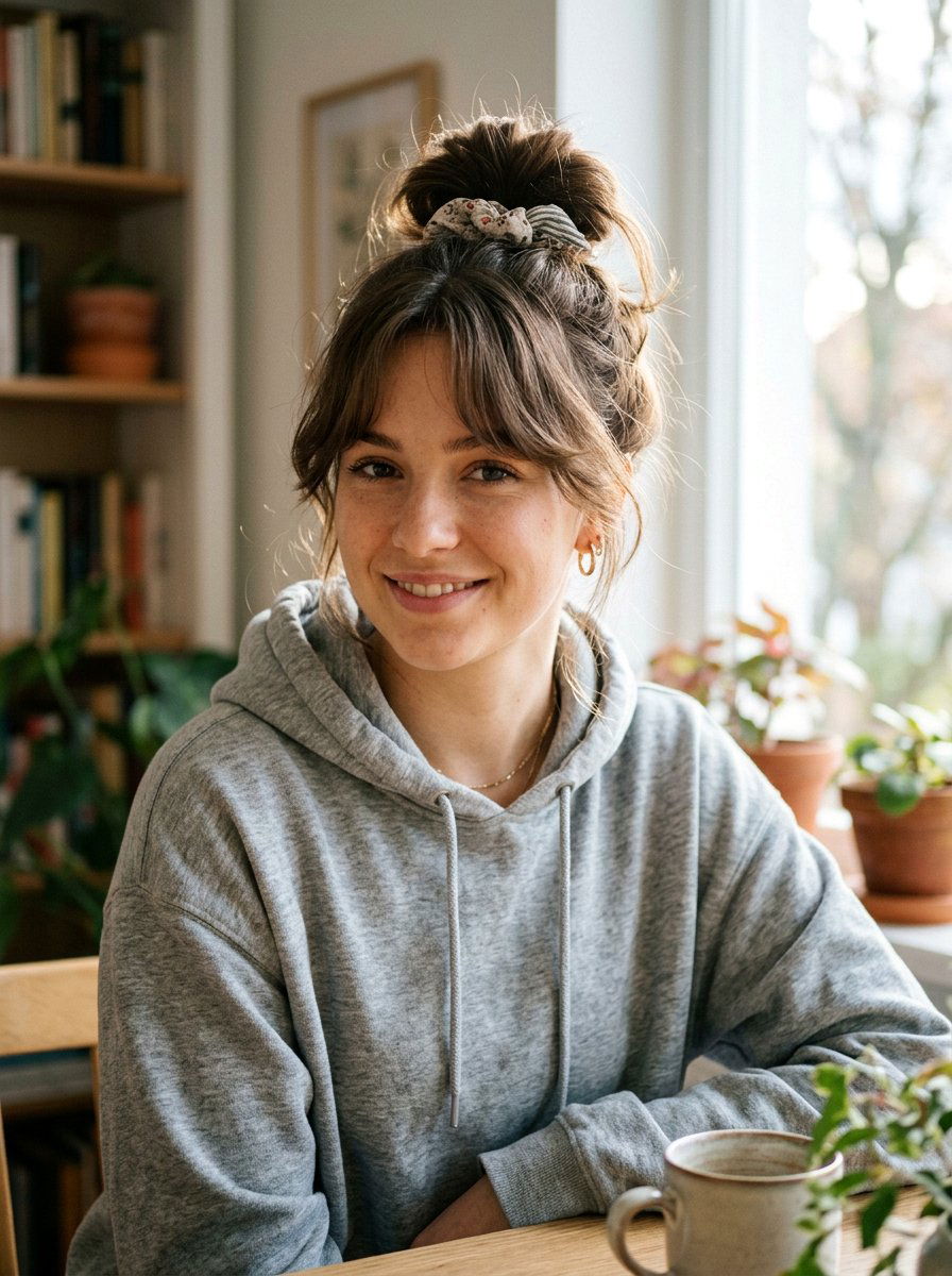 Messy Bun With Curtain Bangs - 20 viral school hairstyle ideas - 20 viral school hairstyle ideas