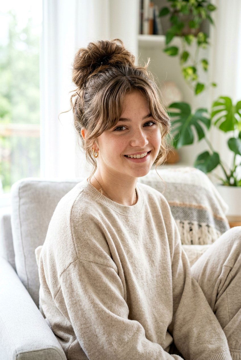 Messy Bun With Curtain Bangs - 20 curtain bangs for teenage girls - 20 curtain bangs for teenage girls