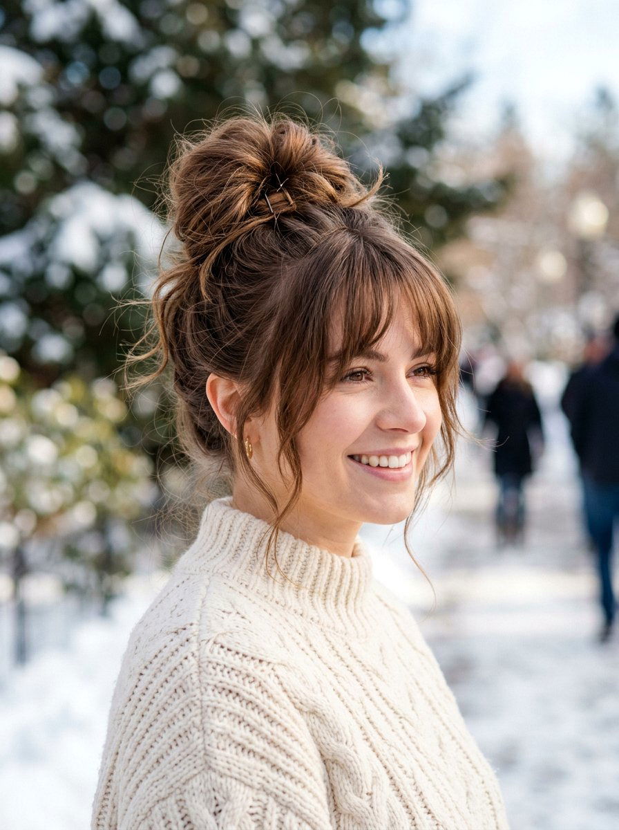 Messy Bun With Face Framing Bangs - 20 simple hairstyle for long layers and bangs - 20 simple hairstyle for long layers and bangs