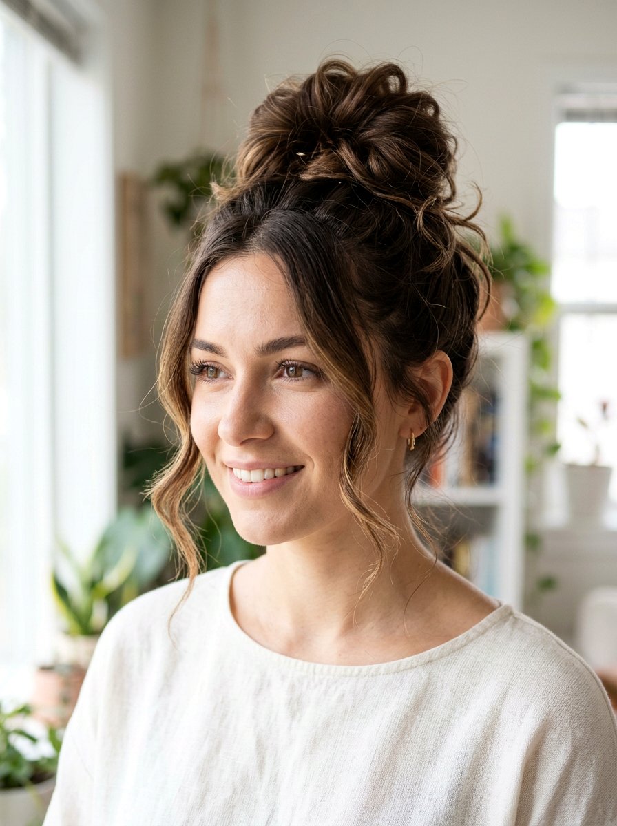 Messy Bun With Face Framing Pieces - 20 hairstyle to reduce width of face - 20 hairstyle to reduce width of face