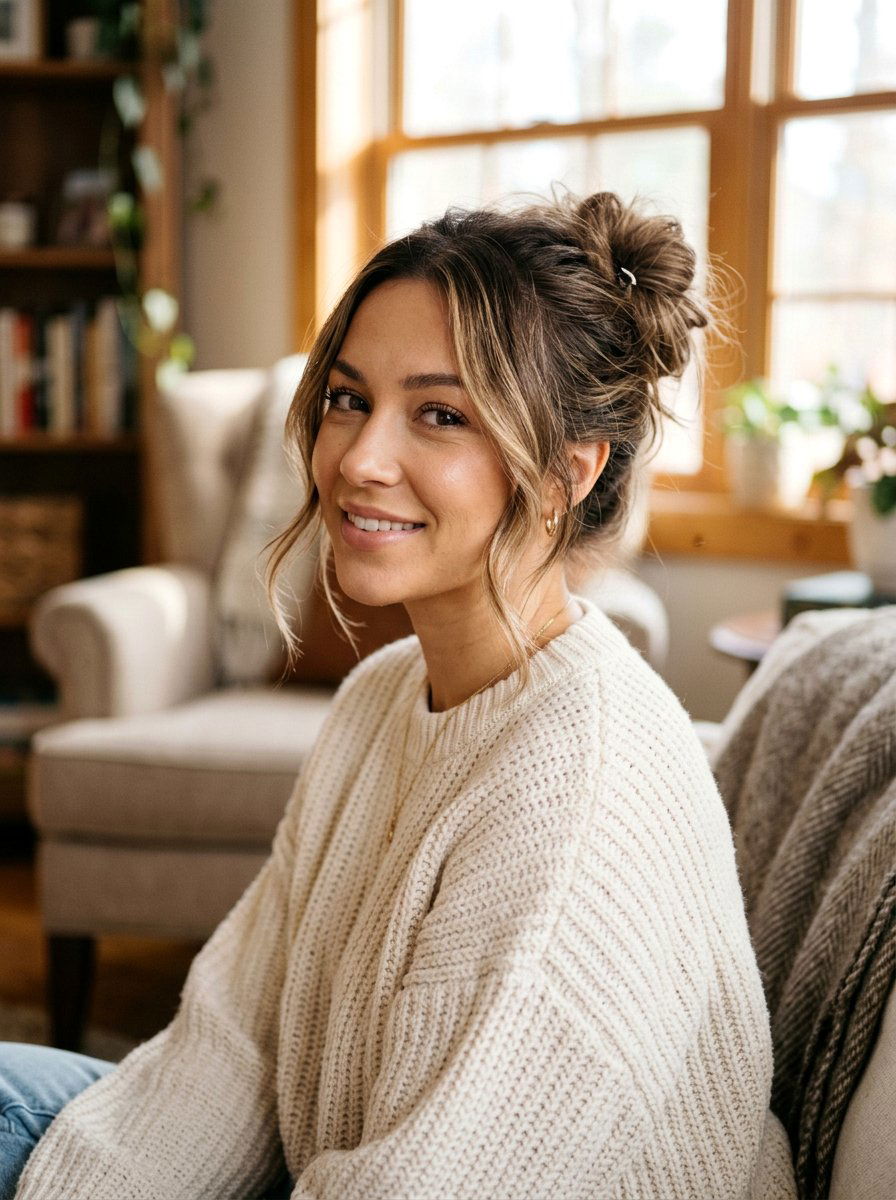 Messy Bun With Face Framing Pieces - 20 clean girl haircut ideas - 20 clean girl haircut ideas