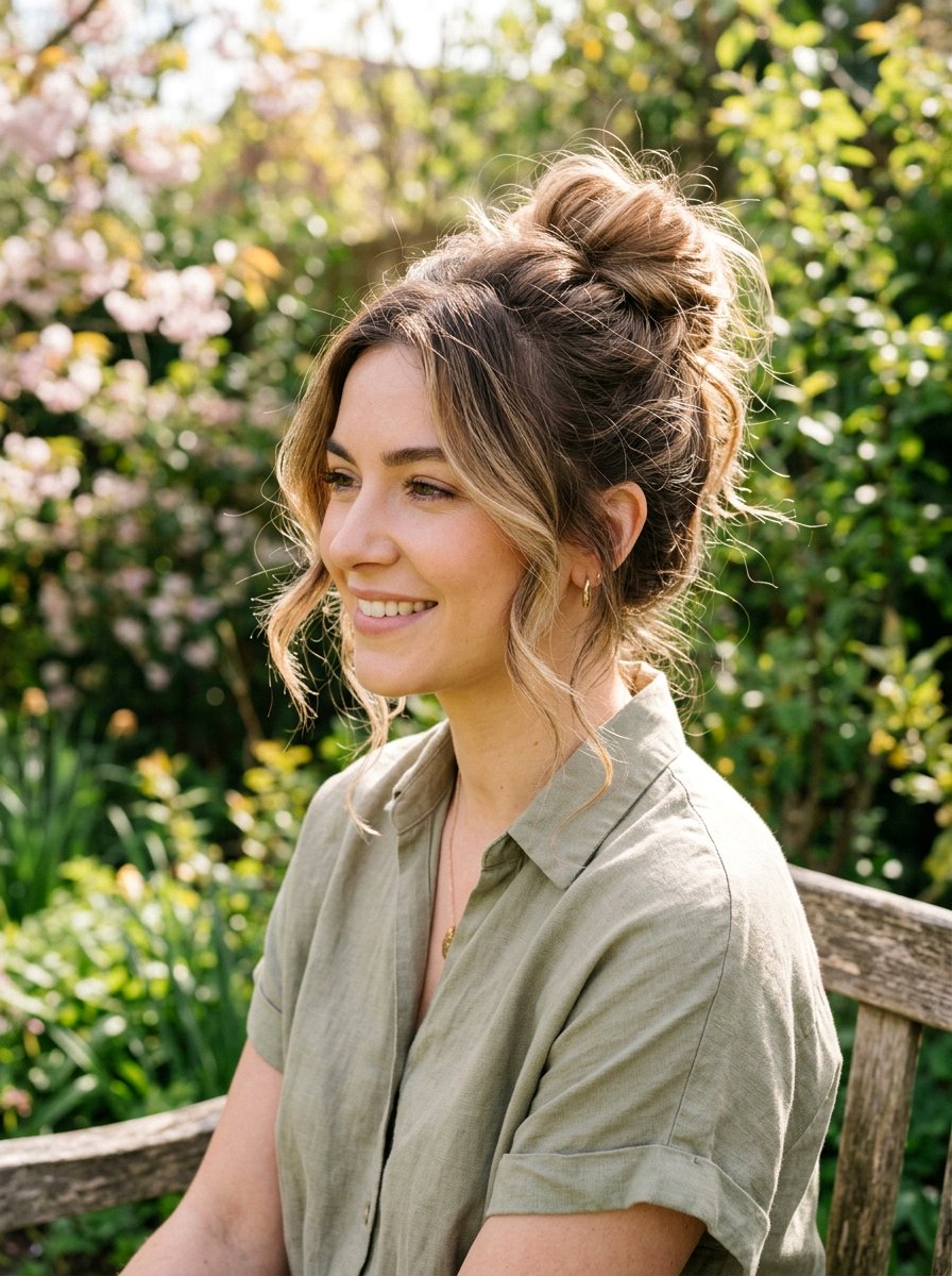 Messy Bun With Face Framing Pieces - 20 cute hairstyle for brunch with friends - 20 cute hairstyle for brunch with friends