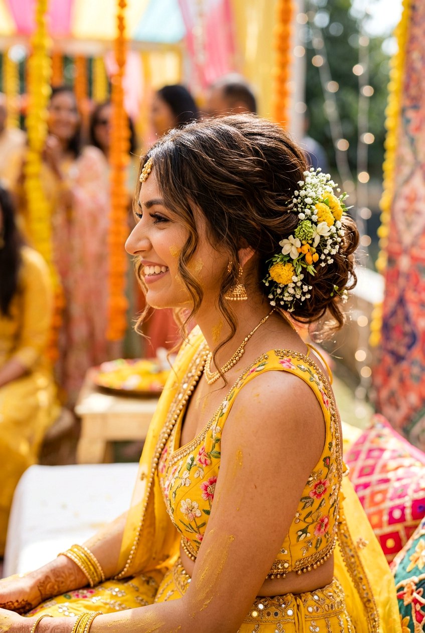 Messy Bun With Face Framing Strands Haldi Look - 20 haldi hairstyles for bride - 20 haldi hairstyles for bride