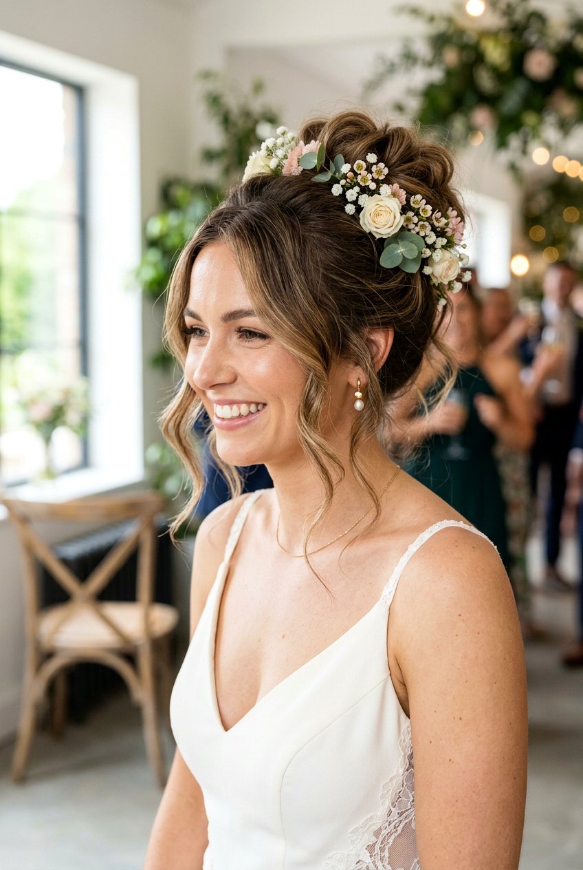 Messy Bun With Floral Details - 20 bridal hairstyles with fresh flowers - 20 bridal hairstyles with fresh flowers
