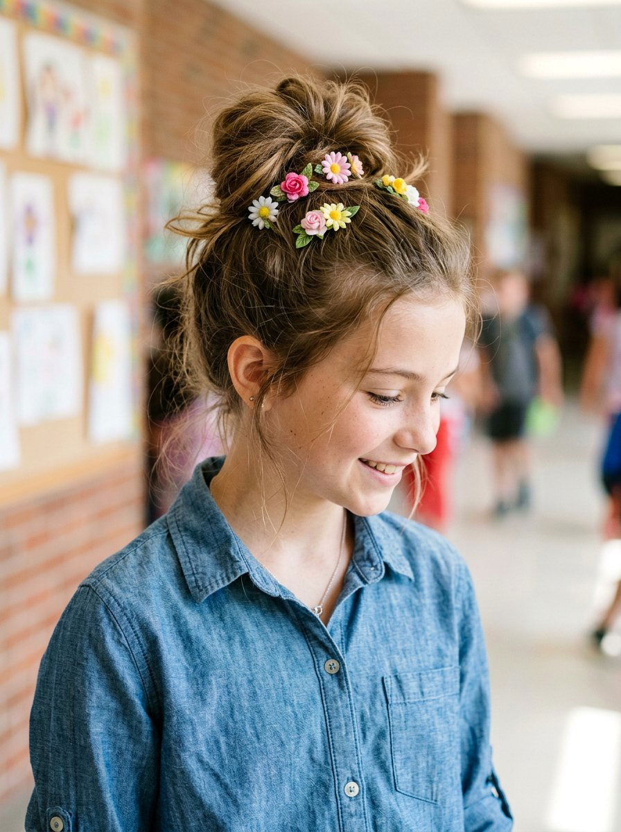 Messy Bun With Flower Clips - 20 simple school hairstyle with clips - 20 simple school hairstyle with clips