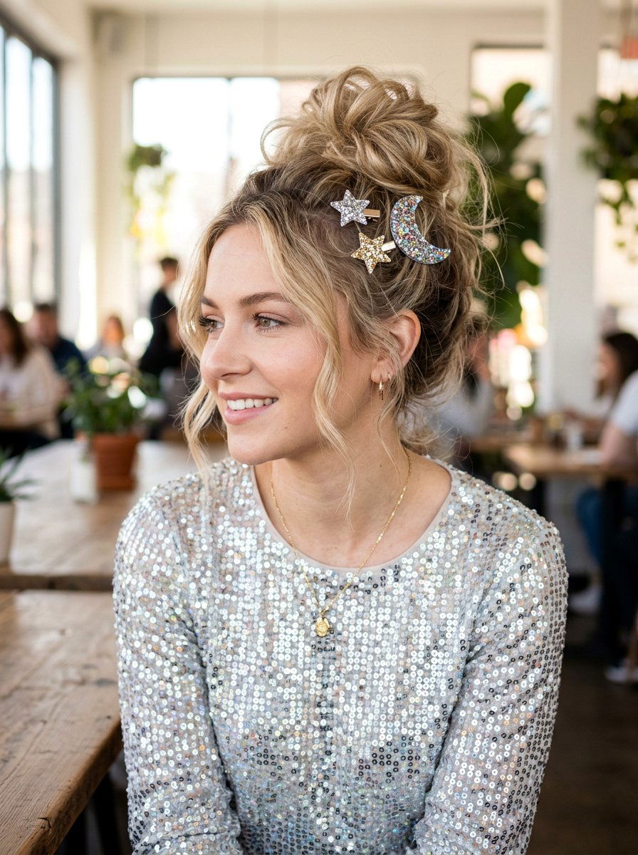 Messy Bun With Glitter Clips - 20 party hairstyle with glitter clips - 20 party hairstyle with glitter clips