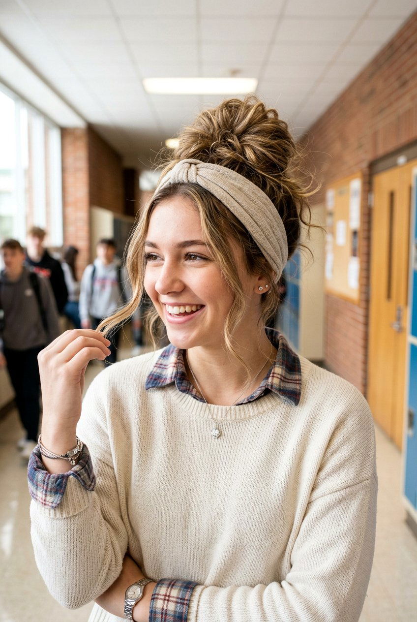 Messy Bun With Headband - 20 back to school hairstyles with headband - 20 back to school hairstyles with headband