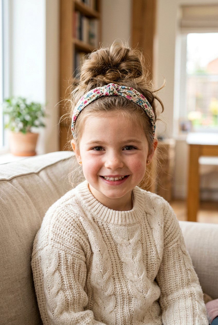 Messy Bun With Headband - 20 little girls hairstyle ideas for school - 20 little girls hairstyle ideas for school