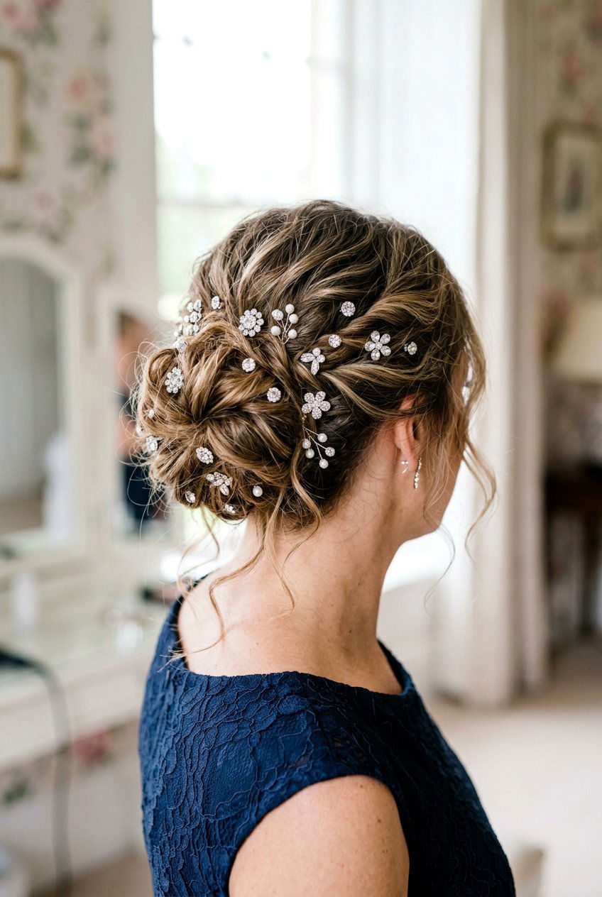 Messy Bun With Jeweled Accessories - 20 engagement party hairstyles - 20 engagement party hairstyles