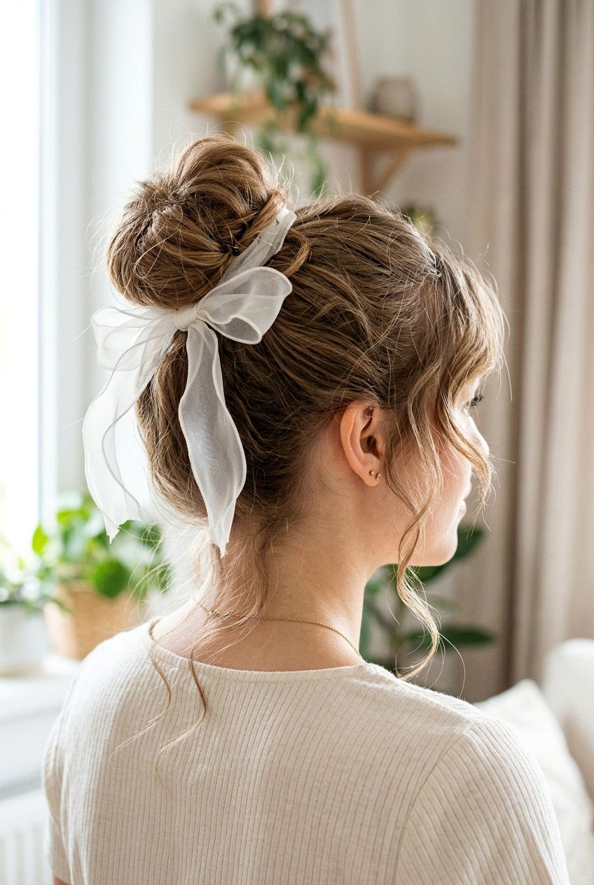 Messy Bun With Organza Ribbon - 20 coquette hairstyle with ribbon bow - 20 coquette hairstyle with ribbon bow