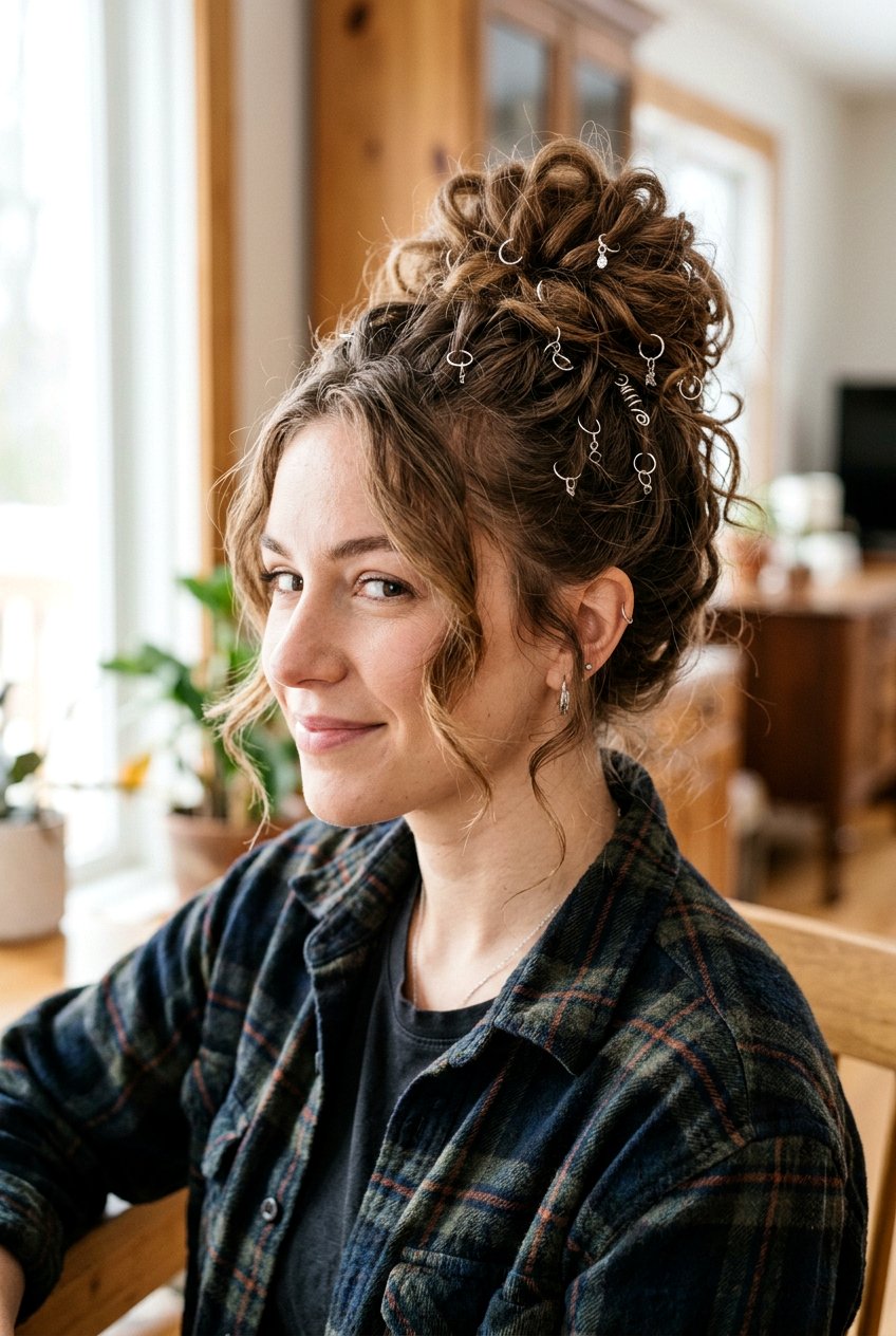 Messy Bun With Pierced Accessories - 20 concert bun hairstyles - 20 concert bun hairstyles