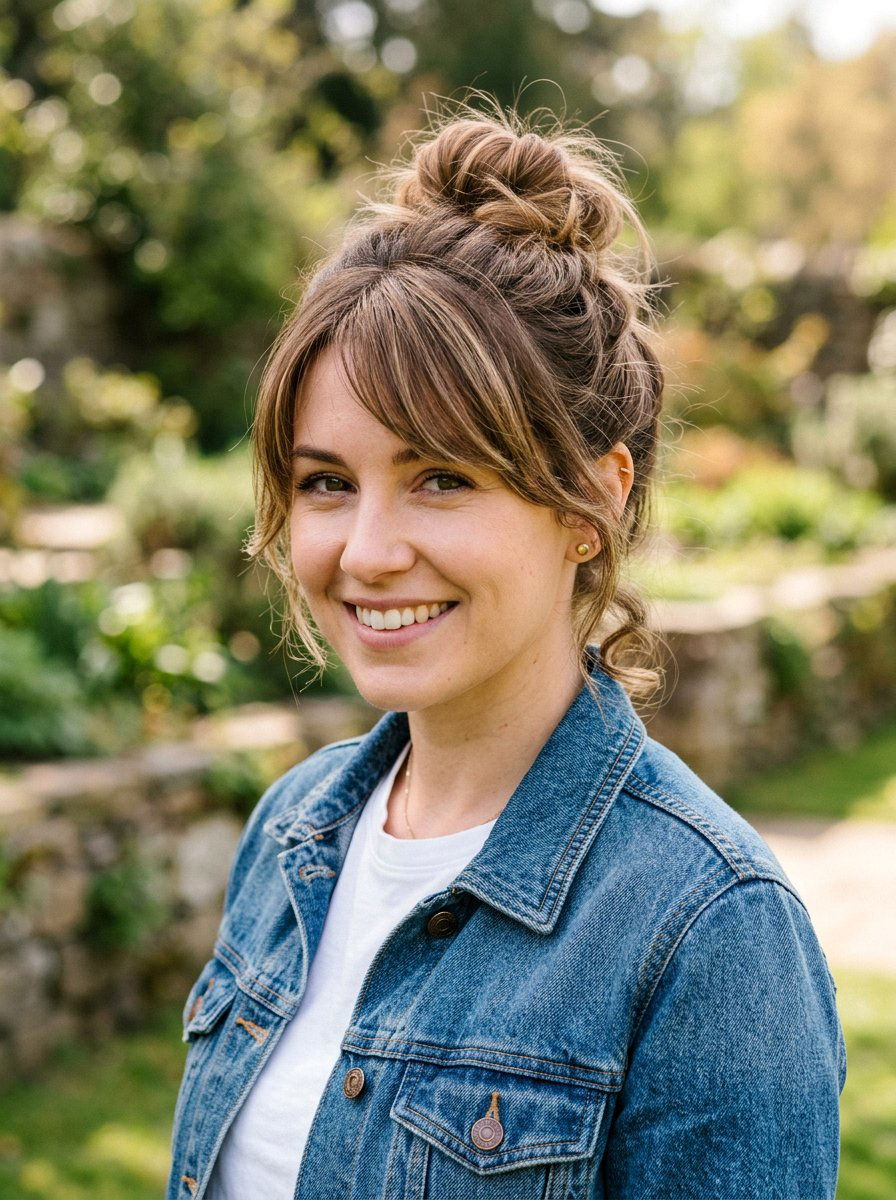 Messy Bun With Side Swept Bangs - 20 office hairstyle for women with bangs - 20 office hairstyle for women with bangs