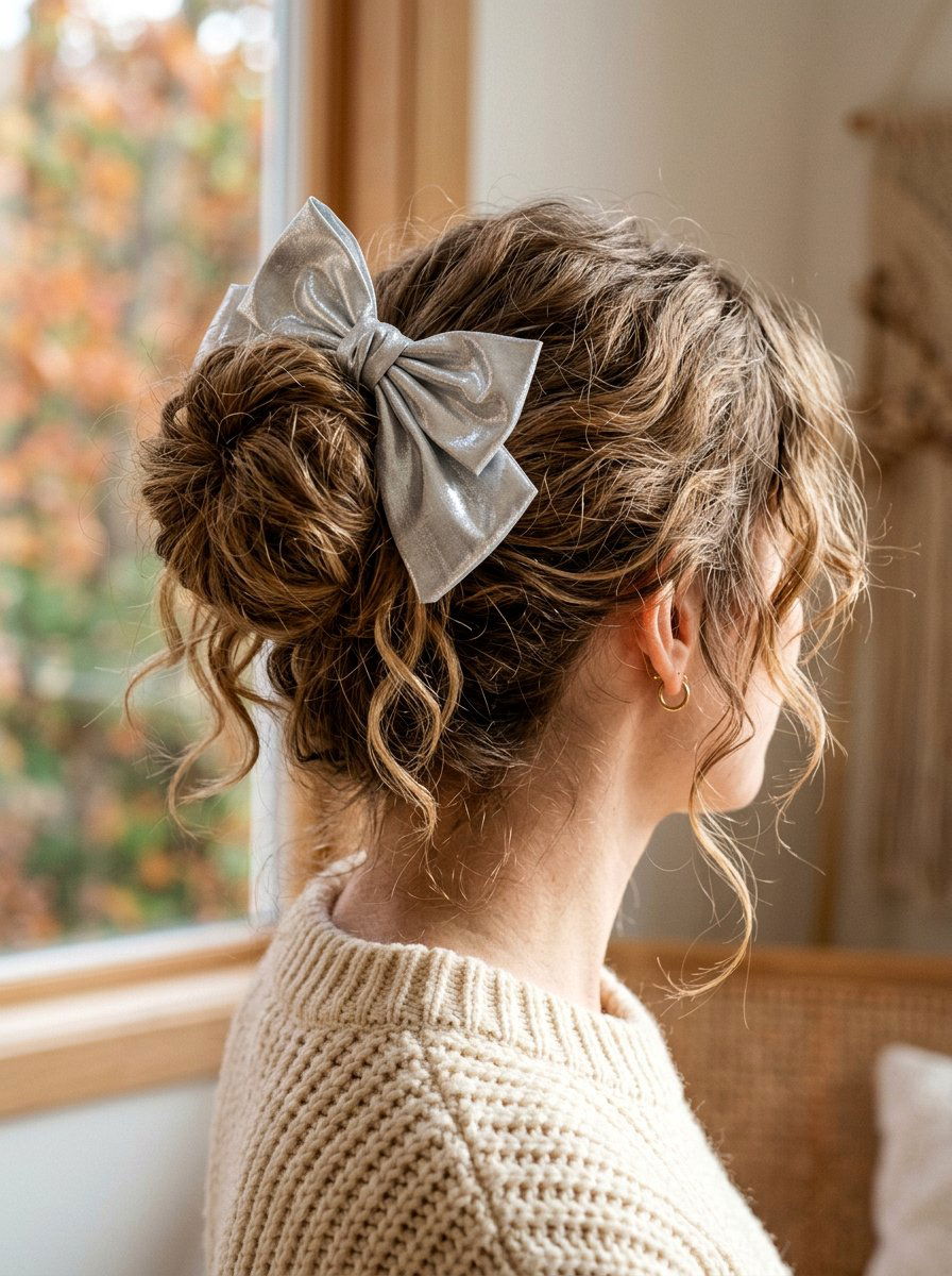 Messy Bun With Silver Ribbon - 20 silver ribbons for shoulder length hair - 20 silver ribbons for shoulder length hair