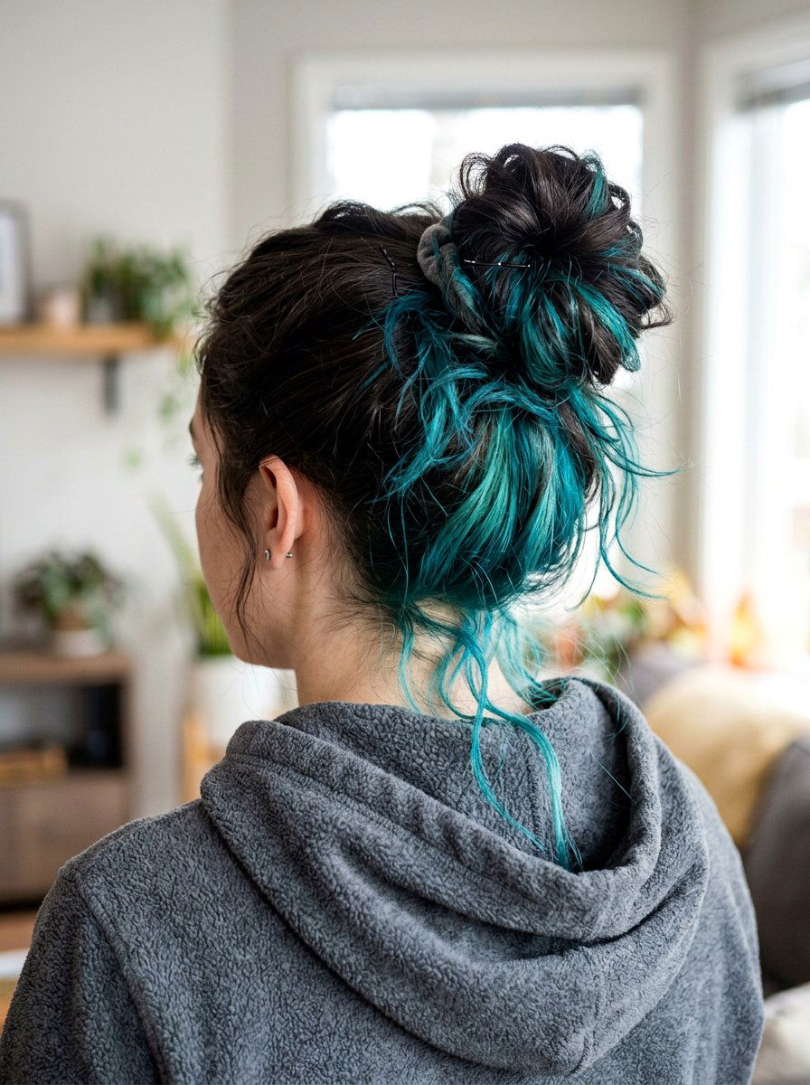Messy Bun With Teal Underlayer On Dark Hair - 20 teal underlayer on dark hair - 20 teal underlayer on dark hair