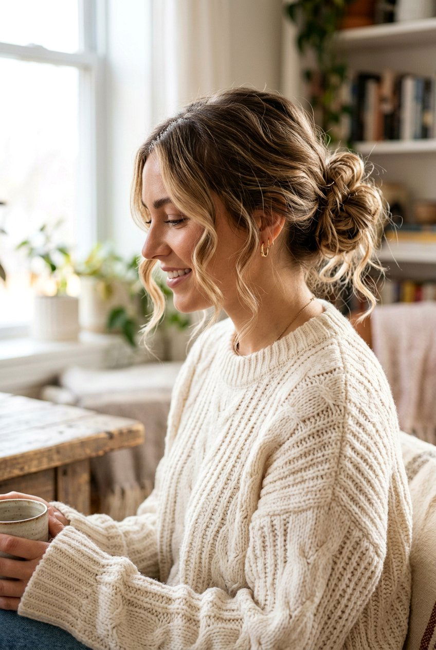 Messy Bun With Tendrils - 20 picture day hairstyle for shoulder length hair - 20 picture day hairstyle for shoulder length hair