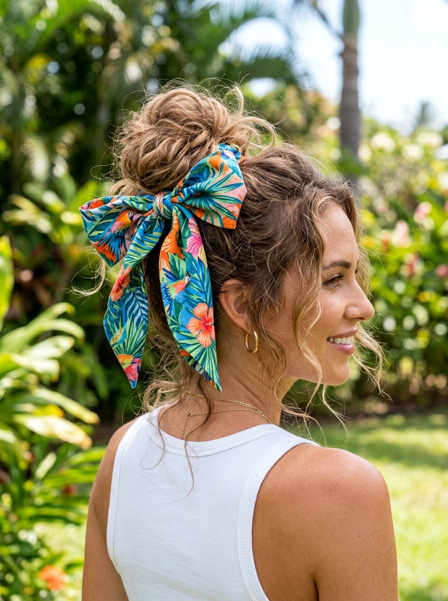 Messy Bun With Tropical Scarf Bow - 20 vacation hairstyle with tropical scarf - 20 vacation hairstyle with tropical scarf