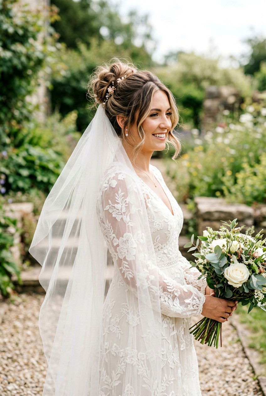 Messy Bun With Veil - 20 bridal hair ideas for women - 20 bridal hair ideas for women