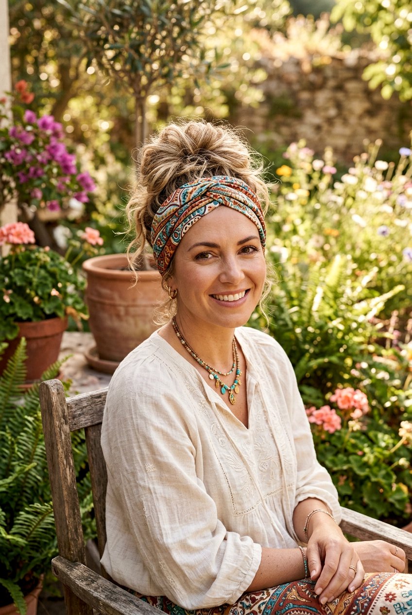 Messy Bun With Wide Boho Headband - 20 headband hairstyles - 20 headband hairstyles