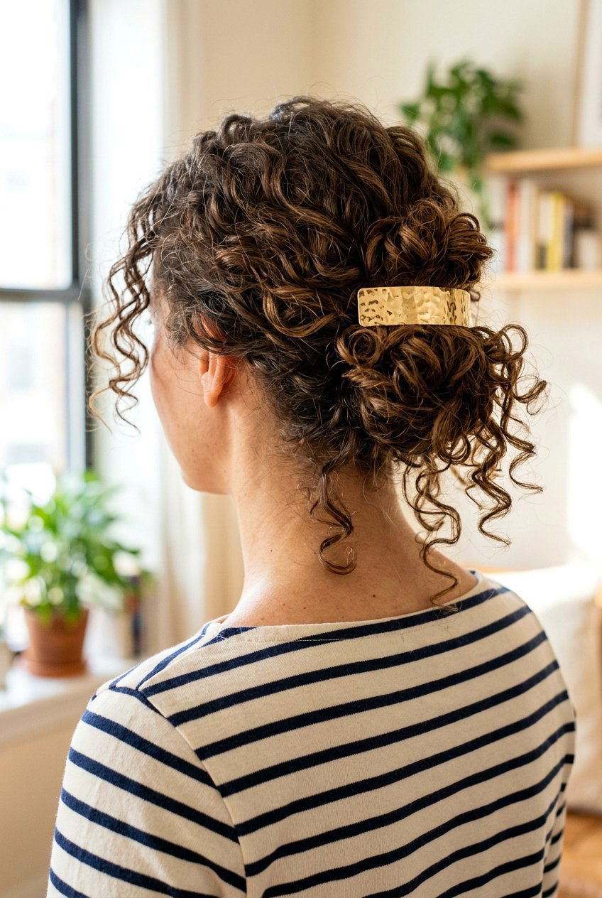 Messy Bun with Barrette - 20 airplane hairstyle for curly hair - 20 airplane hairstyle for curly hair