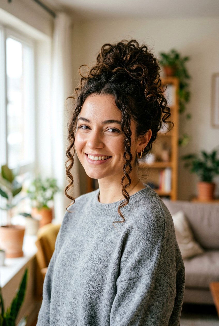 Messy Bun with Curly Hair - 20 no braid hairstyles - 20 no braid hairstyles