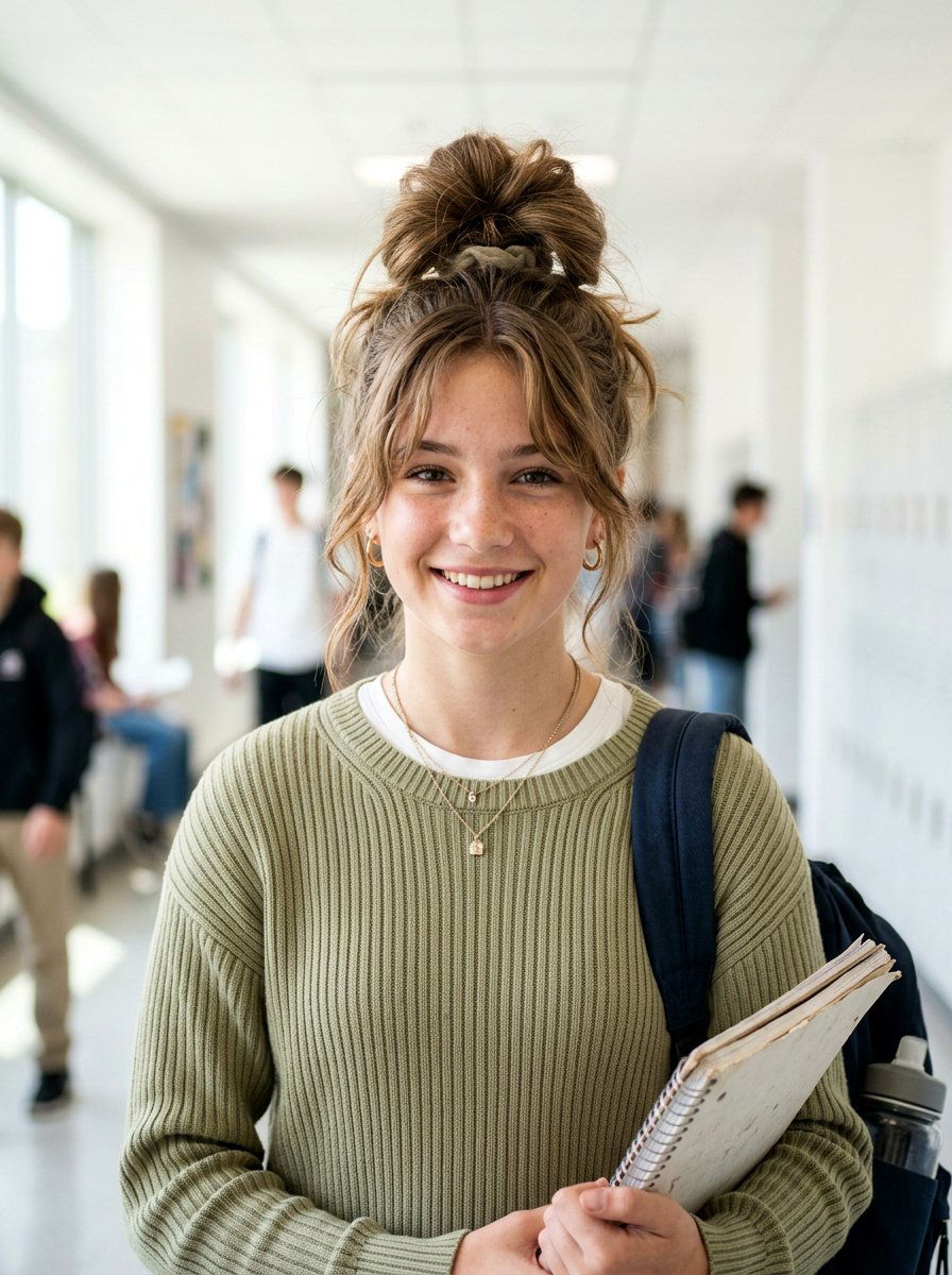 Messy Bun with Face Framing Pieces - 20 quick hairstyle for school mornings teens - 20 quick hairstyle for school mornings teens