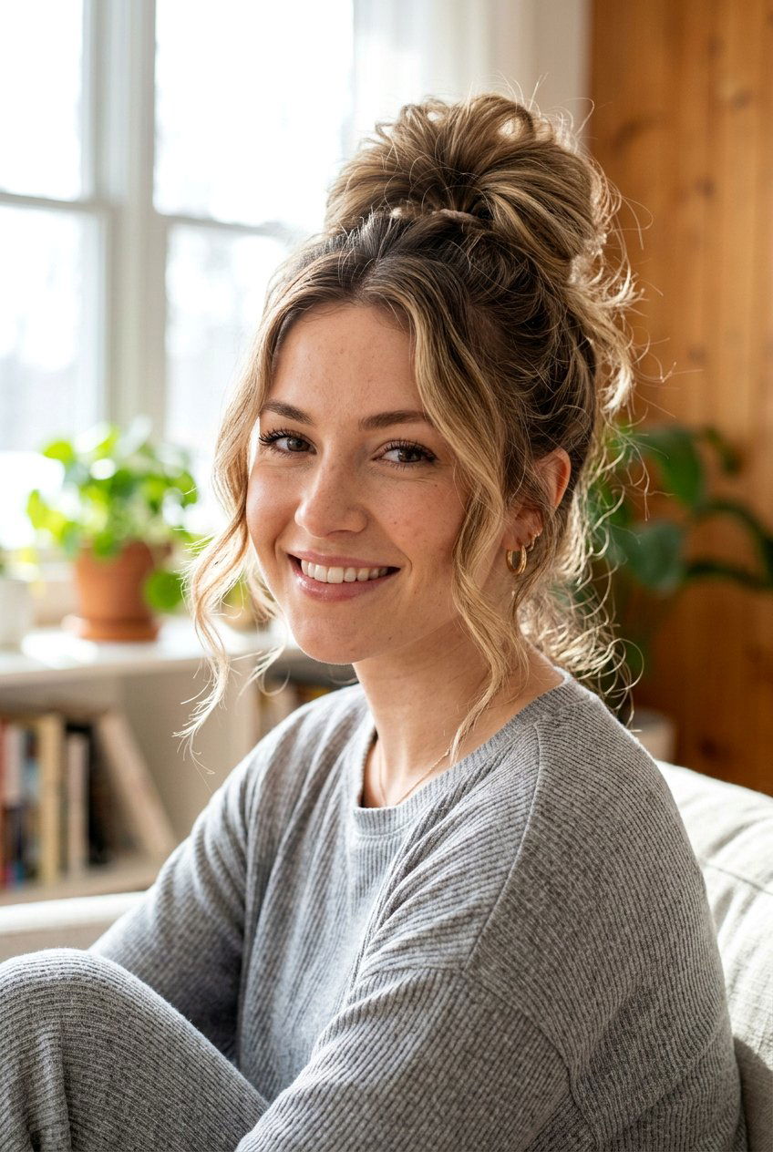 Messy Bun with Face Framing Pieces - 20 hairstyles for widows peak women - 20 hairstyles for widows peak women