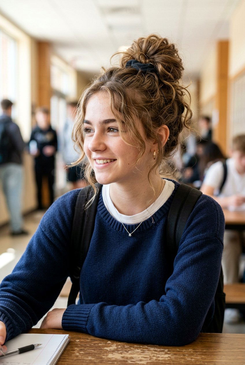 Messy Bun with Face Framing Pieces - 20 first day of school hairstyles - 20 first day of school hairstyles