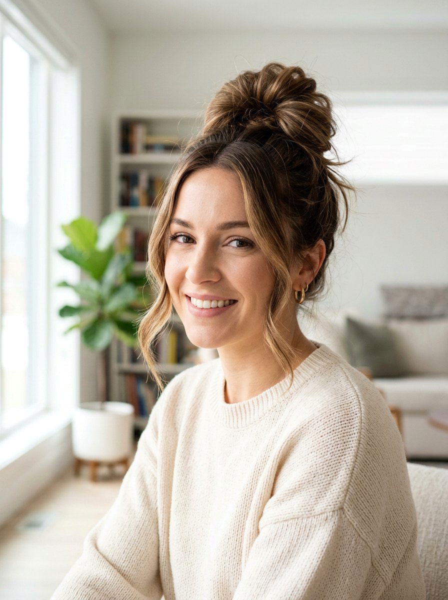 Messy Bun with Face Framing Strands - 20 quick hairstyle for gym mornings - 20 quick hairstyle for gym mornings