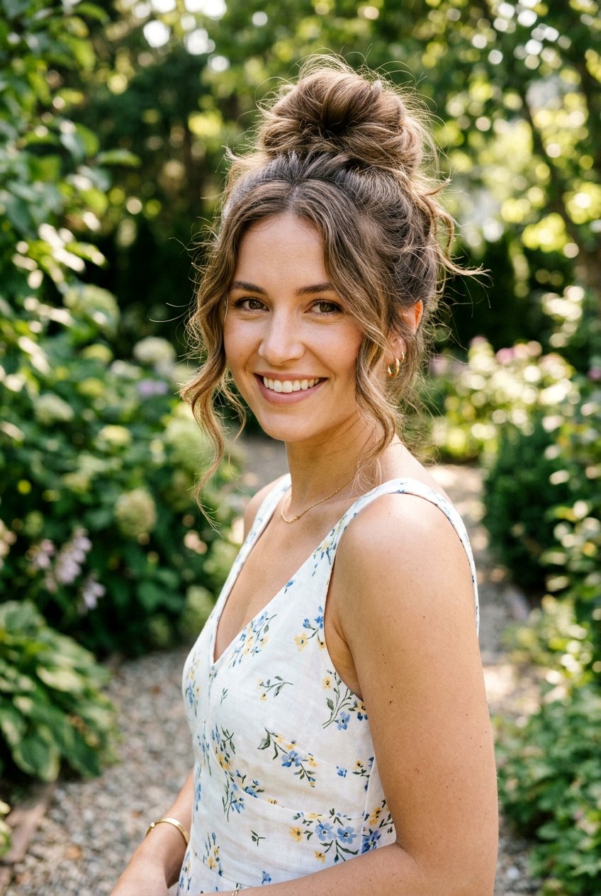 Messy Bun with Face Framing Tendrils - 20 summer hairstyles for women - 20 summer hairstyles for women